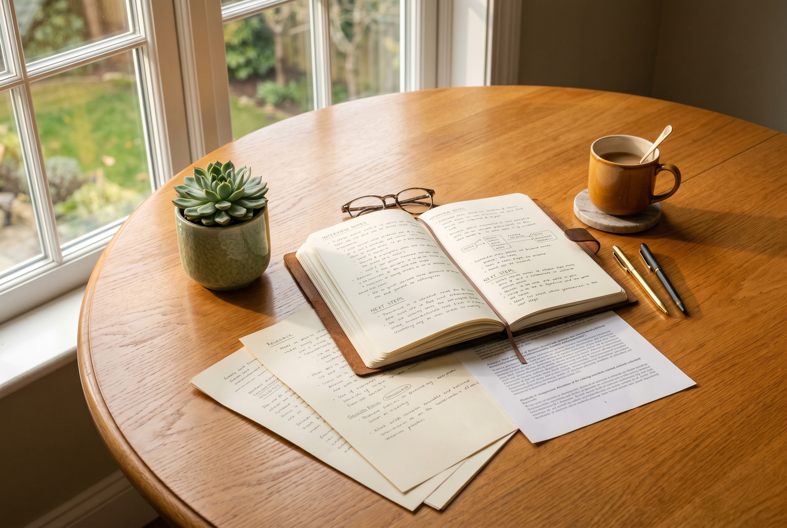 Warm desk with notebook and coffee — research and clarity